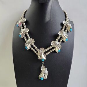Sterling Silver 925 and Turquoise Floral Squash Blossom Necklace